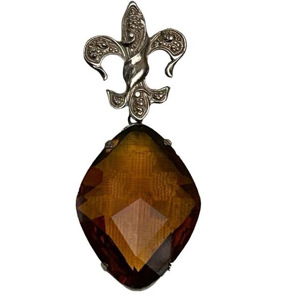 Vtg Fleur De Lis Glass Crystal Brooch Large Amber Colored Glass Stone Silvertone - Picture 5 of 7